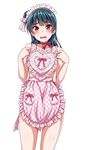  apron bangs blue_hair blush bow checkered checkered_apron checkered_bow choker commentary_request embarrassed frilled_apron frills heart heart_apron looking_at_viewer love_live! love_live!_sunshine!! maid_headdress naked_apron open_mouth pink_apron pink_bow pink_ribbon red_eyes ribbon ribbon_choker side_bun simple_background solo tsushima_yoshiko white_background yopparai_oni 