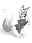  2016 alcohol animal_humanoid beer beverage big_breasts big_tail bottle bra_strap breasts canine clothed clothing drooling drunk female fluffy fluffy_tail fox fox_humanoid fully_clothed greyscale hair humanoid inner_ear_fluff kneeling long_hair looking_at_viewer mammal monochrome open_mouth saliva shorts simple_background slit_pupils solo sub-res sweater white_background 