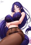  1girl arm_under_breasts artist_name bangs bare_shoulders blush bra breasts closed_mouth commentary_request covered_navel crotch_seam fate/grand_order fate_(series) grey_background hair_between_eyes highres hips large_breasts long_hair looking_at_viewer low-tied_long_hair minamoto_no_raikou_(fate/grand_order) nail_polish navel panties panties_under_pantyhose pantyhose parted_bangs purple_bra purple_eyes purple_hair purple_nails purple_panties sakiyamama signature simple_background smile solo thighband_pantyhose thighs underwear very_long_hair white_background 