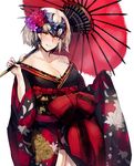 bare_shoulders blonde_hair blush breasts cleavage fate/grand_order fate_(series) floral_print flower flower_request hair_flower hair_ornament headpiece japanese_clothes jeanne_d'arc_(alter)_(fate) jeanne_d'arc_(fate)_(all) kimono kurowa large_breasts looking_at_viewer oriental_umbrella rose_print short_hair simple_background solo umbrella white_background yellow_eyes 