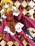 74 armor belt blonde_hair blue_eyes boots cape checkered checkered_background dutch_angle elbow_gloves fire_emblem fire_emblem:_seisen_no_keifu gloves lachesis_(fire_emblem) long_hair pauldrons sheath skirt smile solo sword thigh_boots thighhighs weapon zettai_ryouiki 