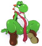  2015 anthro dinosaur female green_yoshi half-closed_eyes hi_res long_tongue mario_bros nintendo reptile scalie simple_background sitting slightly_chubby solo sssonic2 sweat tongue tongue_out video_games white_background yoshi 