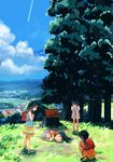  backpack bag black_hair blurry cloud condensation_trail day depth_of_field fetal_position field frilled_skirt frills highres hill house inami_hatoko leaning_forward looking_at_another lying multiple_girls on_side original rural scenery short_hair short_twintails shorts shrine silver_hair skirt sky sleeping squatting tree twintails 