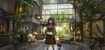  armchair bangs black_hair brown_eyes cat chair couch dress hanging_light holding indoors lm7_(op-center) long_hair long_sleeves original plant potted_plant scenery solo standing tree window 