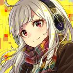  :3 absurdres ahoge albino bangs close-up closed_mouth commentary_request duffel_coat headphones highres kusano_shinta long_hair looking_at_viewer original rainbow red_eyes scarf smile solo thick_eyebrows upper_body v-shaped_eyebrows white_hair 