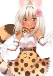  absurdres alternate_costume animal_ears bare_shoulders blonde_hair blue_eyes blush bow bowtie breasts commentary_request cosplay elbow_gloves flower gloves go-1 hair_flower hair_ornament highres kantai_collection kemono_friends long_hair looking_at_viewer open_mouth ro-500_(kantai_collection) serval_(kemono_friends) serval_(kemono_friends)_(cosplay) serval_ears serval_print serval_tail short_hair simple_background skirt sleeveless small_breasts solo tail tan teeth white_background 