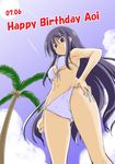  2015 armpits ass_visible_through_thighs bikini blue_eyes breasts cleavage coconut_tree commentary_request dated from_below front-tie_bikini front-tie_top hand_on_hip happy_birthday long_hair long_riders! looking_at_viewer medium_breasts miyake_taishi niigaki_aoi palm_tree side-tie_bikini smile solo sun sweat swimsuit tree underboob 