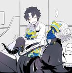  2boys :d animal animal_on_head black_cloak black_hair blush cat cat_on_head chibi closed_eyes covered_face cravat cu_chulainn_alter_(fate/grand_order) edmond_dantes_(fate/grand_order) fate/grand_order fate_(series) fedora from_behind from_side fujimaru_ritsuka_(male) gaw_(enasa) hat hat_removed headwear_removed holding hood jacket kitten lancer looking_at_another male_focus medjed mini_cu-chan multiple_boys on_head open_mouth partially_colored petting sitting smile sphinx sphinx_awlad spiked_tail starry_sky_print tail white_hair white_jacket wings 