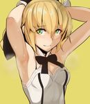  adjusting_hair armpits artoria_pendragon_(all) blonde_hair blush bow fate/unlimited_codes fate_(series) glowing green_eyes hair_bow kurowa saber saber_lily solo sweat upper_body yellow_background 