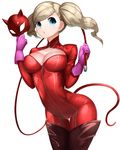 arched_back bad_id bad_pixiv_id bangs blonde_hair blue_eyes boruhis breasts cleavage_cutout cowboy_shot hair_ornament hairclip highres large_breasts long_hair looking_at_viewer open_mouth persona persona_5 solo swept_bangs takamaki_anne twintails wavy_hair whip 