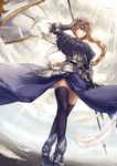  armor bangs black_legwear blue_eyes boots braid breasts closed_mouth commentary_request crossed_legs dutch_angle eyebrows_visible_through_hair fate/apocrypha fate_(series) faulds feathers flag full_body gauntlets headpiece highres holding holding_flag jeanne_d'arc_(fate) jeanne_d'arc_(fate)_(all) light_rays long_hair looking_at_viewer medium_breasts outdoors saijou_haruki single_braid smile solo standard_bearer standing sunbeam sunlight thighhighs thighs watson_cross 
