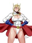  artoria_pendragon_(all) artoria_pendragon_(lancer) blonde_hair blue_eyes blue_gloves blush breasts cape cleavage cleavage_cutout clenched_hand cosplay dc_comics embarrassed fate/grand_order fate_(series) gloves huge_breasts leotard muscle pose power_girl power_girl_(cosplay) red_cape shibusun solo superhero white_leotard 
