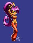  absurdres armpits arms_up bandeau blue_background blue_eyes breasts choker cleavage dark_skin earrings forehead_jewel full_body harem_pants highres hoop_earrings jewelry long_hair marquis_devon_burgess medium_breasts midriff navel one_eye_closed open_mouth pants pointy_ears pointy_shoes ponytail purple_hair shantae_(character) shantae_(series) shantae_and_the_pirate's_curse shoes signature solo tiara underboob very_long_hair vest 