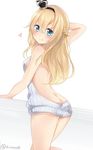  ass bare_arms bare_back bare_legs bare_shoulders blonde_hair blue_eyes braid butt_crack crown french_braid heart kantai_collection long_hair meme_attire mini_crown naked_sweater nikoo sleeveless smile solo sweater virgin_killer_sweater warspite_(kantai_collection) white_background white_sweater 