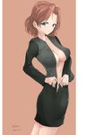  2016 absurdres azumi_(girls_und_panzer) black_skirt blue_eyes breasts brown_hair closed_mouth cowboy_shot dated dressing from_side girls_und_panzer grey_jacket highres irukatto jacket looking_at_viewer medium_breasts military military_uniform no_bra no_shirt open_clothes open_skirt panties panty_peek pencil_skirt selection_university_military_uniform short_hair simple_background sketch skirt smile solo standing twitter_username underwear uniform 