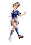  :d absurdres adidas bangs blonde_hair blue_legwear blush bow breasts brown_eyes cleats commentary_request eyebrows_visible_through_hair full_body granblue_fantasy_(style) hair_bow highres japan kneehighs looking_at_viewer medium_breasts open_mouth original ponytail ribbed_legwear shorts simple_background smile soccer soccer_uniform solo sportswear swept_bangs white_background white_bow white_shorts yoshida_iyo 