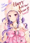 2017 :o absurdres bangs bare_shoulders beige_background bow breasts cleavage collarbone commentary_request hair_ornament hairclip happy_new_year hat highres jewelry knit_hat kotoyoro long_hair looking_at_viewer medium_breasts necklace new_year original parted_lips purple_eyes purple_hair simple_background solo upper_body wavy_hair yoshida_iyo 