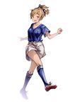 :d adidas bangs blonde_hair blue_legwear blush bow breasts brown_eyes cleats commentary_request eyebrows_visible_through_hair full_body granblue_fantasy_(style) hair_bow highres japan kneehighs looking_at_viewer medium_breasts open_mouth original ponytail ribbed_legwear shorts simple_background smile soccer soccer_uniform solo sportswear swept_bangs white_background white_bow white_shorts world_cup yoshida_iyo 