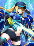  ahoge artoria_pendragon_(all) asymmetrical_gloves black_gloves black_hat black_legwear black_shorts blonde_hair blue_eyes breasts cleavage eyebrows_visible_through_hair fate/grand_order fate_(series) fingerless_gloves gloves hair_between_eyes hand_on_headwear hat highres himitsucalibur holding holding_sword holding_weapon long_hair looking_at_viewer medium_breasts midriff mysterious_heroine_x navel short_shorts shorts solo suishougensou sword thighhighs visor_cap weapon 