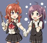  ahoge arashi_(kantai_collection) bangs black_skirt black_vest blouse blush commentary_request dated gloves hagikaze_(kantai_collection) holding_hands kamelie kantai_collection kerchief long_hair messy_hair multiple_girls neck_ribbon one_side_up open_mouth pleated_skirt purple_hair red_hair red_ribbon ribbon school_uniform skirt stick tears vest white_blouse white_gloves younger 