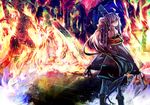  :o blue_fire burning fire from_behind grey_hair hat indoors japanese_clothes kusakanmuri long_hair long_sleeves looking_at_viewer looking_back mononobe_no_futo open_mouth ponytail red_eyes skirt sleeves_past_wrists solo statue tate_eboshi touhou very_long_hair wide_sleeves 