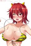  ;o ar_(lover_boy) bikini bikini_top blush breasts cleavage collarbone commentary_request d; embarrassed eyebrows_visible_through_hair fang full-face_blush hair_intakes highres horns kantai_collection kinu_(kantai_collection) large_breasts one_eye_closed oni_horns open_mouth raised_eyebrows red_hair shiny shiny_skin simple_background solo striped striped_bikini sweat swimsuit tears twitter_username upper_body wardrobe_malfunction white_background wince 