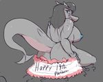  big_breasts big_butt birthday blue_nipples breasts butt cake female fish food green_eyes hair huge_breasts huge_butt izzy223 looking_at_viewer marine nipples platinum_fang shark slightly_chubby solo 