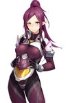  blue_eyes blush bodysuit breasts covered_nipples cowboy_shot ear_piercing headwear_removed helmet helmet_removed kurowa large_breasts long_hair looking_at_viewer macross macross_delta mirage_farina_jenius piercing pilot_suit pointy_ears ponytail purple_bodysuit purple_hair skin_tight solo 