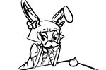  2015 animated animatronic anthro apple arm_support bedroom_eyes black_and_white facial_hair five_nights_at_freddy&#039;s five_nights_at_freddy&#039;s_2 food fruit hair_bow hair_ribbon half-closed_eyes inkyfrog lagomorph leaning_on_elbow looking_at_viewer machine male mammal monochrome mustache rabbit raised_eyebrows ribbons robot seductive simple_background smile solo toy_bonnie_(fnaf) video_games white_background 