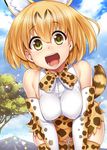  :d animal_ears bare_shoulders bent_over blonde_hair blue_sky bow bowtie breasts brown_eyes cloud cloudy_sky commentary_request covered_nipples day elbow_gloves extra_ears eyebrows_visible_through_hair eyelashes gloves hair_between_eyes hijiri_tsukasa kemono_friends large_breasts looking_at_viewer open_mouth orange_hair outdoors sandstar serval_(kemono_friends) serval_ears serval_print serval_tail shirt short_hair skirt sky sleeveless sleeveless_shirt smile solo striped_tail tail tareme thighhighs tongue tree white_shirt 
