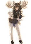  animal_ears antlers black_eyes black_skirt blush brown_hair commentary extra_ears full_body fur hair_between_eyes kemono_friends loafers long_hair long_sleeves looking_at_viewer matsuda_(matsukichi) moose_(kemono_friends) moose_ears moose_tail pantyhose pleated_skirt scarf shoes skirt smile solo standing sweater_vest tail white_legwear 