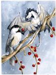  2007 ambiguous_gender avian berry bird black_eyes chickadee dragon duo feathered_wings feathers feral food fruit heather_bruton snow tit_(bird) wings 