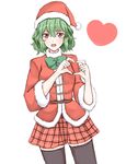  :d bangs belt belt_buckle black_legwear blush bobblehat bow bowtie buckle cowboy_shot eyebrows_visible_through_hair fur-trimmed_sleeves fur_trim green_bow green_hair green_neckwear hair_between_eyes hand_gesture hat heart heart_hands highres kazami_yuuka long_sleeves looking_at_viewer open_mouth plaid plaid_skirt red_eyes red_hat red_skirt santa_costume short_hair simple_background skirt smile solo standing thighhighs touhou wendell white_background zettai_ryouiki 