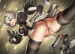  ass blindfold boots breasts dress erect_nipples erotibot gloves gray_hair headband katana nier nier:_automata panties panty_pull pod_(nier:_automata) pussy robot short_hair sword thighhighs uncensored underwear watermark weapon yorha_unit_no._2_type_b 