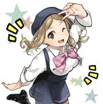  black_footwear blush bow bowtie brown_eyes dirndl german_clothes hat light_brown_hair looking_at_viewer one_eye_closed onozuka_hikari open_mouth pink_bow pink_neckwear shoes sleeves_folded_up smile solo star tarazoo uniform v yama_no_susume 