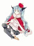  aqua_eyes aqua_hair bad_id bad_pixiv_id bell crown eyelashes full_body gocoli hair_ornament hatsune_miku horns long_hair royal_robe shoes sitting skirt solo the_beast_(vocaloid) thighhighs twintails very_long_hair vocaloid white_background 