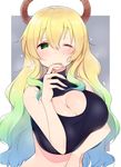  bangs blonde_hair blush border breasts center_opening cleavage cleavage_cutout closed_mouth commentary_request dragon_horns eyebrows_visible_through_hair finger_licking gradient_hair green_eyes green_hair grey_background hair_between_eyes half-closed_eye heart horns huge_breasts kobayashi-san_chi_no_maidragon licking long_hair looking_at_viewer multicolored_hair nekoume one_eye_closed quetzalcoatl_(maidragon) sidelocks simple_background solo tongue tongue_out upper_body wavy_hair white_border 