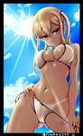  ass_visible_through_thighs bikini bikini_pull black_border blonde_hair border breasts cameltoe closed_mouth cloud cloudy_sky cowboy_shot crotch_seam day franz_(217franz) graf_zeppelin_(kantai_collection) grey_eyes hair_tie highres kantai_collection looking_at_viewer medium_breasts navel outdoors pulled_by_self self_exposure side-tie_bikini sidelocks sky smile solo standing swimsuit tan tanline twintails twitter_username wet wet_clothes wet_hair wet_swimsuit white_bikini 