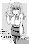  :d blush breasts commentary_request dated english glasses greyscale happy_birthday ichinose_yayoi large_breasts long_hair long_riders! looking_at_viewer miyake_taishi monochrome open_mouth pantyhose pencil_skirt pointer skirt smile solo teacher 