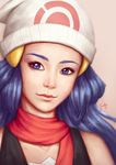  artist_name bare_shoulders beanie beige_background black_shirt blue_eyes blue_hair closed_mouth eyebrows eyebrows_visible_through_hair hat highres hikari_(pokemon) long_hair looking_at_viewer pink_lips pokemon pokemon_(game) pokemon_dppt poppyminty portrait realistic red_scarf scarf shirt signature simple_background sleeveless solo tank_top upper_body white_hat 