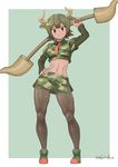  animal_ears artist_name aurochs_(kemono_friends) bad_id bad_pixiv_id boots brown_hair camouflage camouflage_shirt commentary_request dark_skin horn_lance horns kemono_friends midriff necktie pantyhose polearm short_sleeves signature simple_background smile solo toned umiroku weapon 
