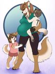  2017 ajna anthro aurora_(xanderblaze) belly big_belly black_pawpads breasts brown_eyes brown_fur brown_hair canine clothed clothing cub cute daughter ear_piercing eyewear female fur glasses group hair hand_on_butt jewelry larger_female long_hair male mammal mother necklace open_mouth parent pawpads piercing pregnant rox_(xanderblaze) shirt shorts size_difference smaller_female smaller_male smile son xanderblaze young 