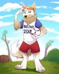 ball barefoot canine clothed clothing digitigrade dog eyewear front_view fully_clothed goggles goggles_on_forehead half-closed_eyes holding_ball looking_at_viewer male mammal shirt shorts soccer_ball solo standing t-shirt zabivaka zazush-una 