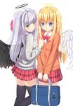  angel angel_wings bag bag_charm black_vs_white black_wings blonde_hair breast_grab breasts cardigan charm_(object) commentary_request cross_hair_ornament dark_halo feathered_wings gabriel_dropout grabbing hair_ornament halo highres multiple_girls school_bag school_uniform shiraha_raphiel_ainsworth takapii tenma_gabriel_white thighhighs white_hair white_wings wings yuri 