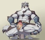  2017 abs absurd_res anthro balls canine censored clothed clothing disembodied_hand handjob hi_res horkeukamui humanoid_penis loincloth male mammal penis sex snowjune tokyo_afterschool_summoners topless wolf 