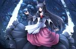  animal_ears black_eyes black_hair capelet collarbone commentary_request dress highres imaizumi_kagerou layered_dress long_hair long_sleeves night risutaru short_over_long_sleeves short_sleeves solo touhou very_long_hair water waterfall wolf_ears 