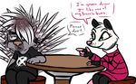  2017 anthro chair clothed clothing dialogue disney duo english_text eyewear fan_character female glasses hair hair_over_eye inkyfrog male mammal marsupial opossum pointing porcupine rodent simple_background sitting table text white_background zootopia 
