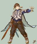  artist_name belt boots brown_hair fingerless_gloves full_body gloves green_background grin looking_at_viewer male_focus simple_background smile solo sorey_(tales) sword tales_of_(series) tales_of_zestiria ubo_(ubo_tales) weapon 