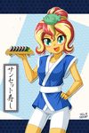  1girl alternate_hairstyle bike_shorts blonde_hair cyan_eyes happy japanese multicolored_hair my_little_pony my_little_pony_equestria_girls my_little_pony_friendship_is_magic personification red_hair sunset_shimmer sushi tagme two-tone_hair uotapo yellow_skin 