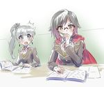  bespectacled black_hair blue_eyes book cape flat_chest glasses iesupa multiple_girls out_of_character paper pencil ponytail rimless_eyewear ruby_rose rwby scar scar_across_eye school_uniform silver_eyes sketch surprised weiss_schnee white_hair 